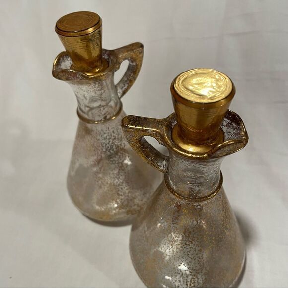 Hazel Atlas MCM vintage gold speckled glass set of 2 oil and vinegar cruets - Picture 3 of 10